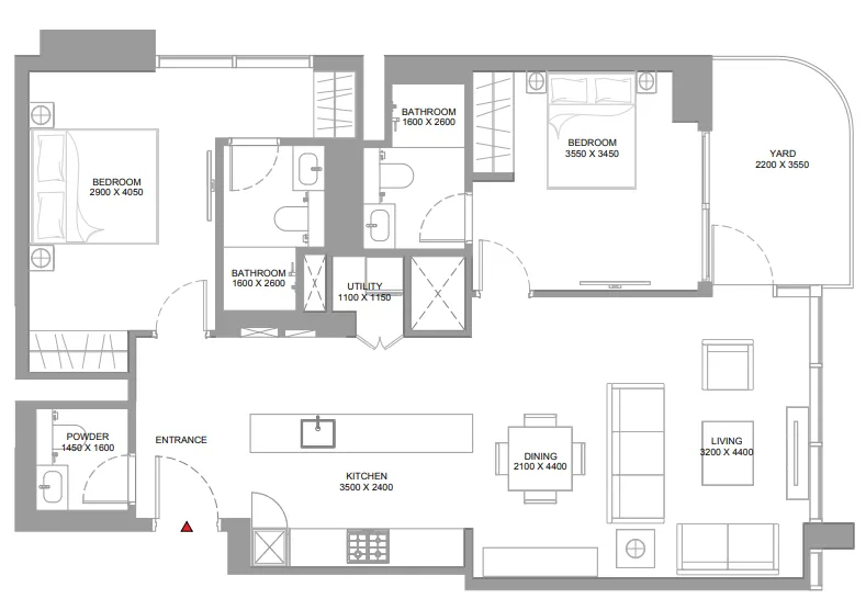 Pristine Beach Residences 2 bed floor plan, 1,060 – 1,082 sqft