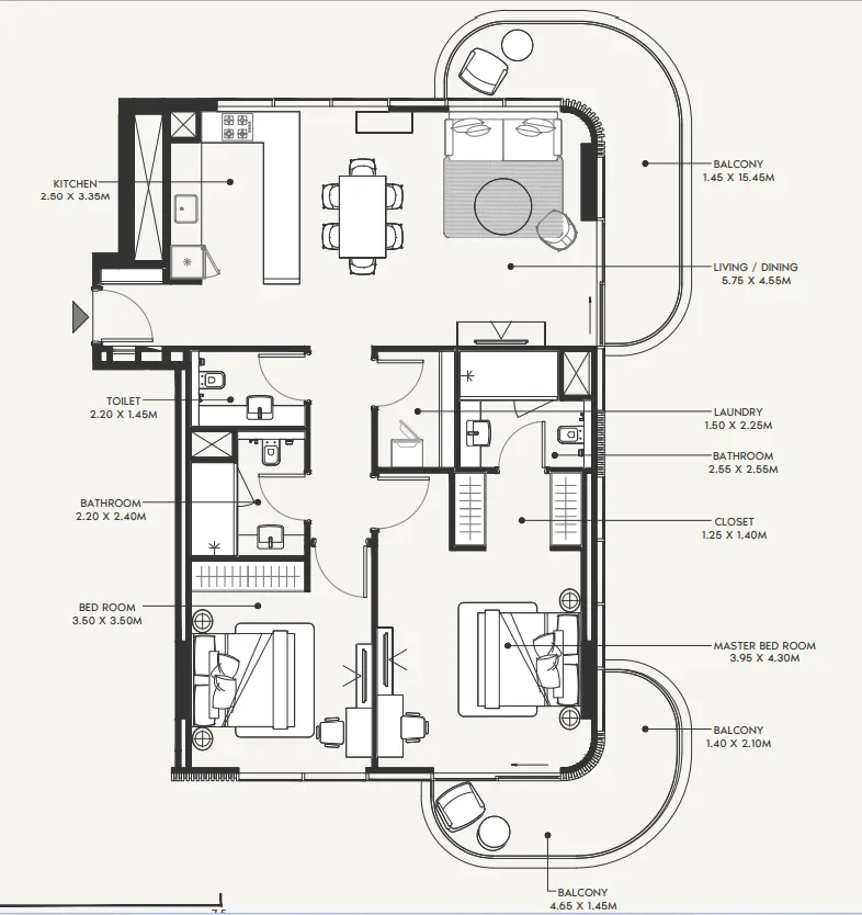 Azizi Amir 2 bed floor plan, 1,406 sqft