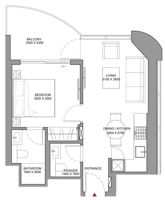 Sobha Aquamont 1 bed floor plan, 581 sqft