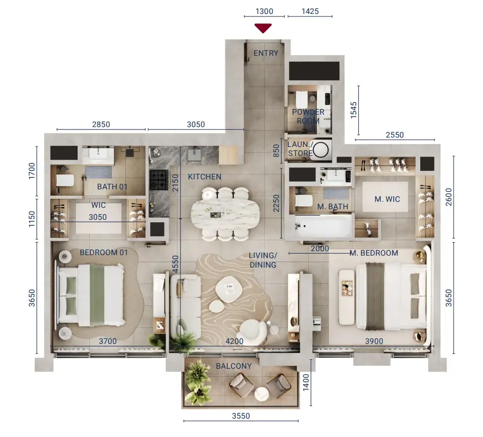Mirdad 2 bed floor plan, 1,043 sqft