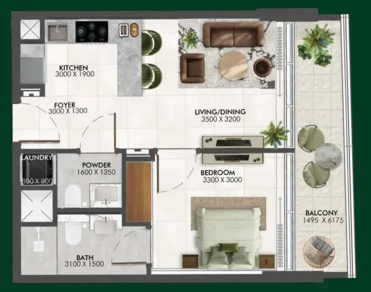 Enchante 1 bed floor plan, 549 – 557 sqft