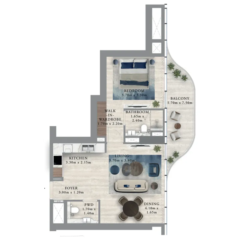 Royal Yacht Club Residence 1 bed floor plan, 778 sqft