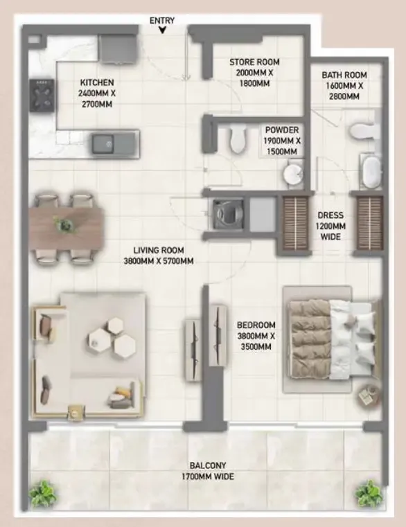 Blossom 40 1 bed floor plan, 863 sqft