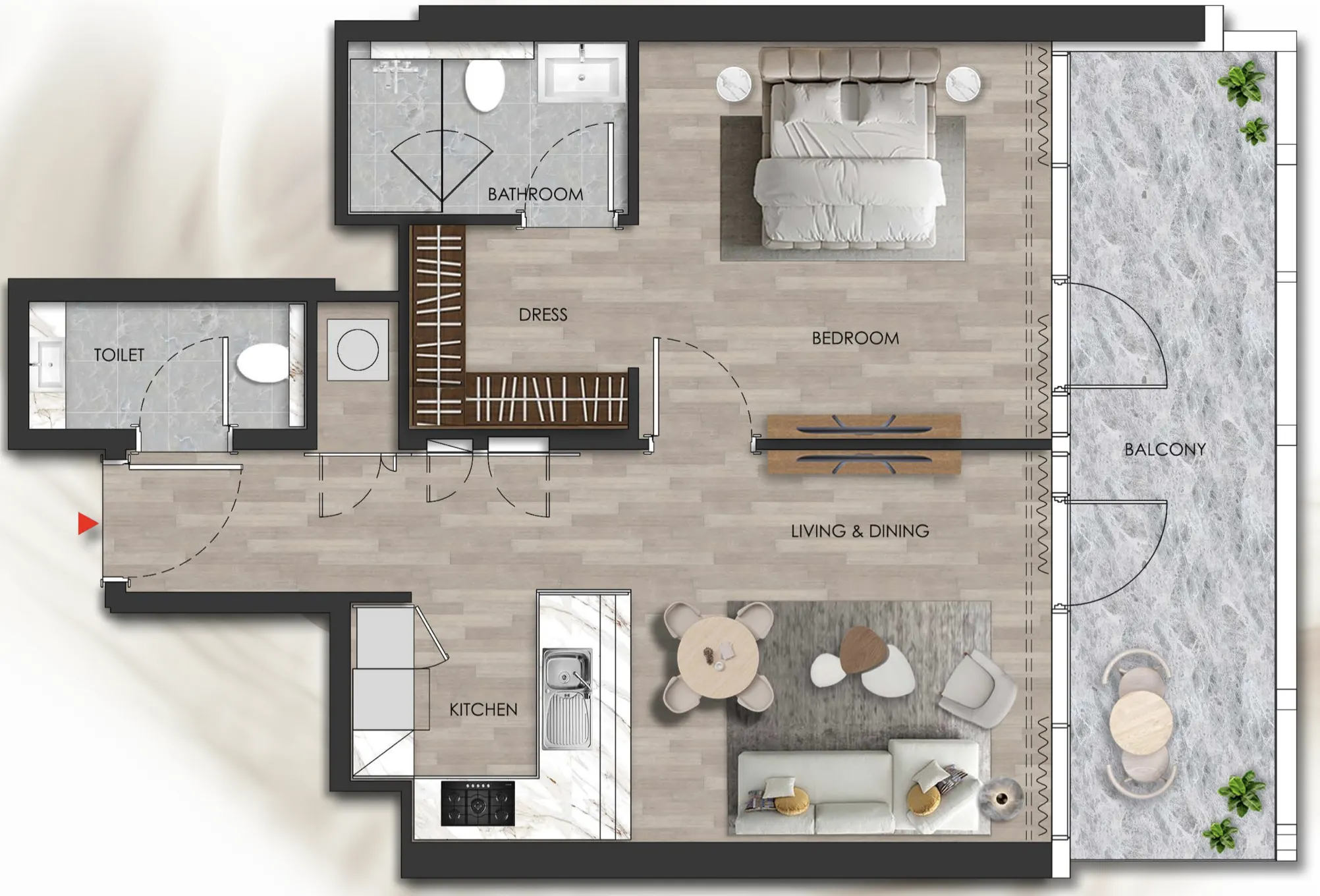 Island Heights 1 bed floor plan, 876 sqft