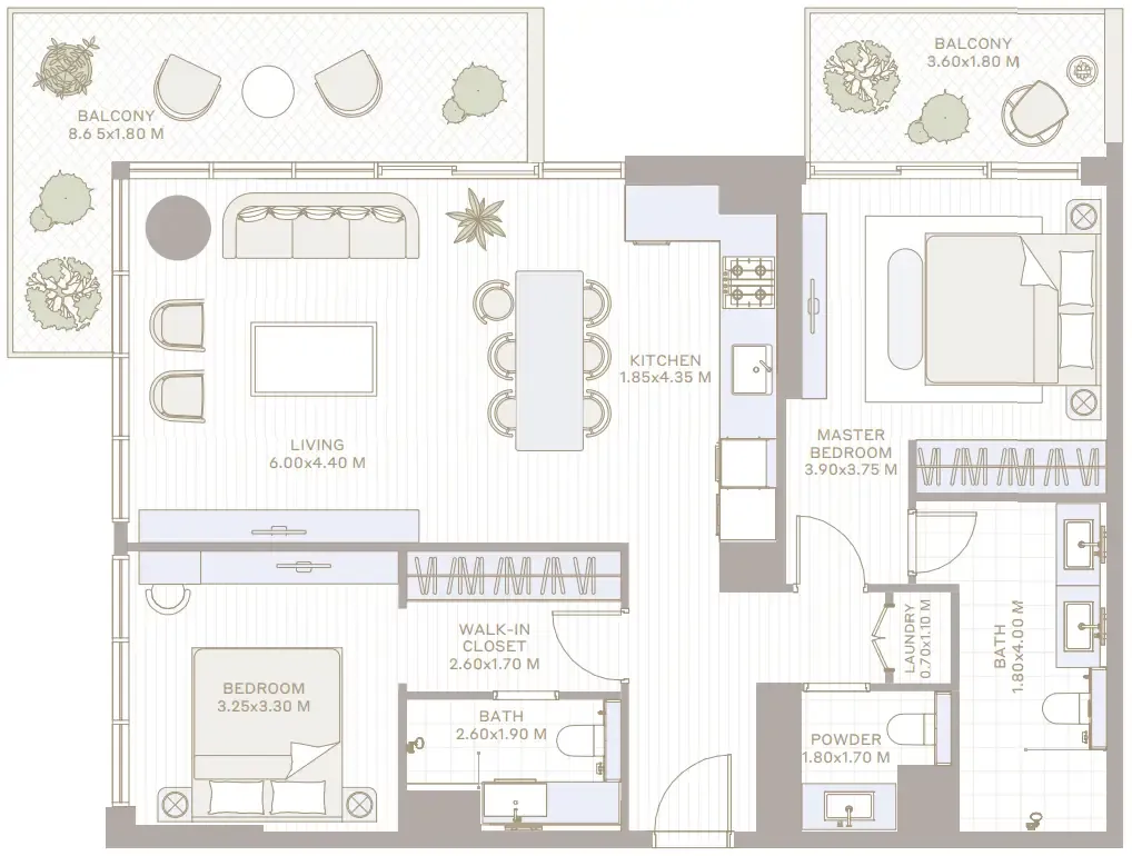 Park Five 2 bed floor plan, 1,288 sqft