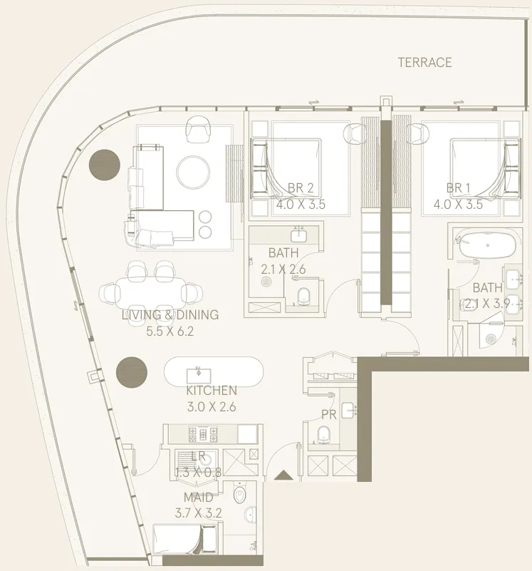 Saas Hills 2 bed floor plan, 2,143 – 2,390 sqft