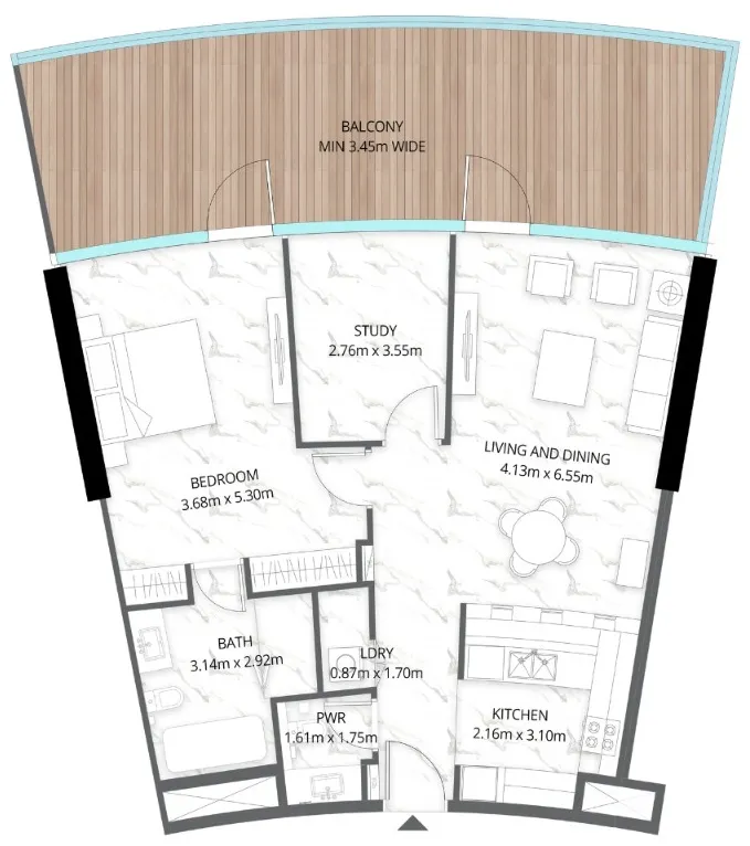 Aqua Arc 1 bed floor plan, 1,412 sqft