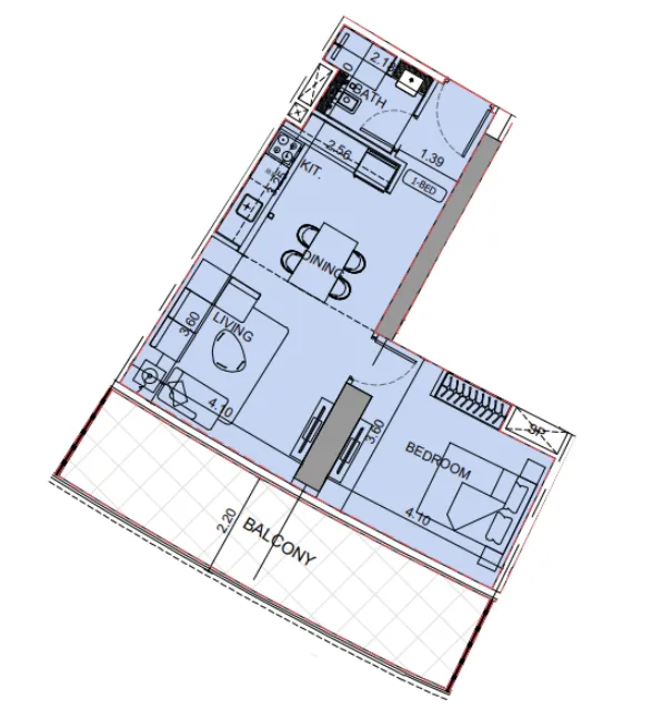Binghatti Aquarise 1 bed floor plan, 789 sqft