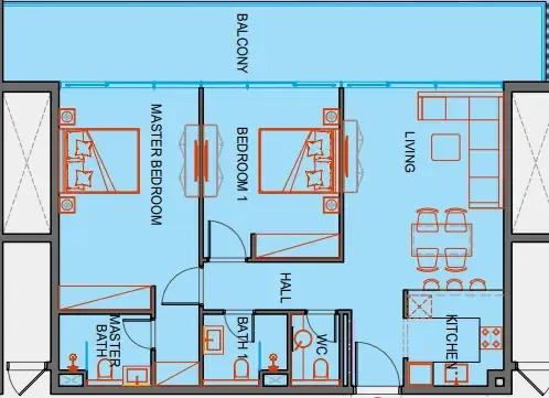 SkyGate Tower 2 bed floor plan, 1,215 – 1,217 sqft