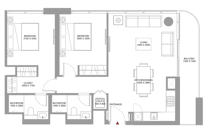 Coastline Beach Residences 2 bed floor plan, 973 sqft