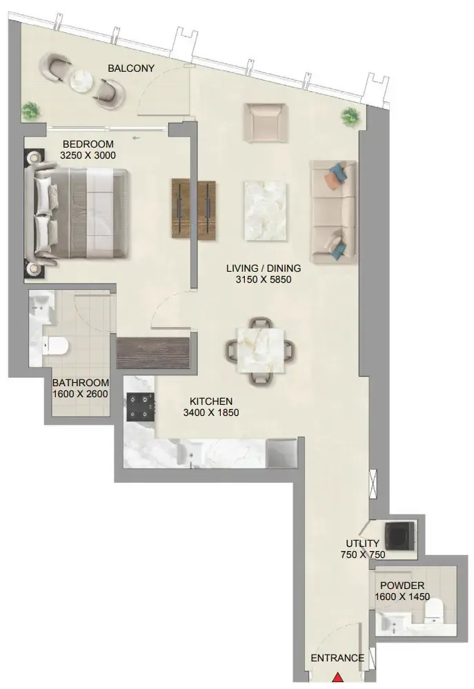 The Mirage at Sobha Central 1 bed floor plan, 784 sqft