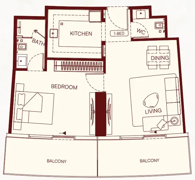 Binghatti Skyflame 1 bed floor plan, 740 – 833 sqft