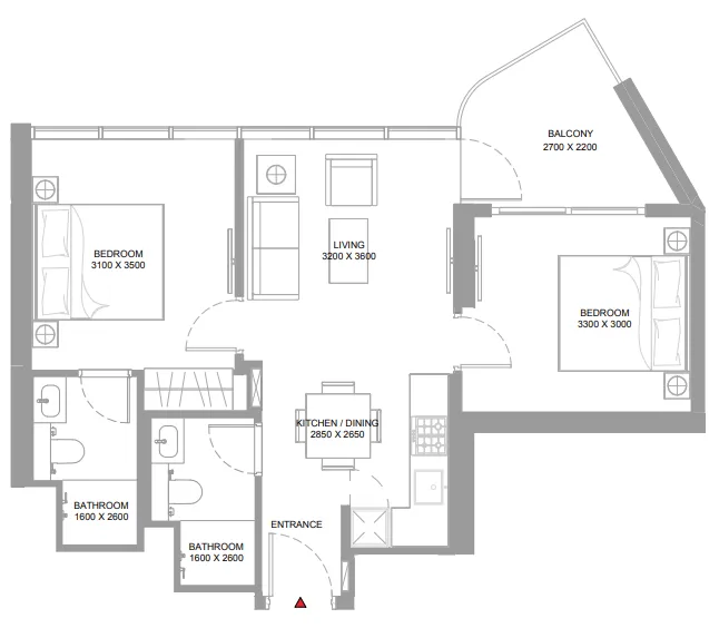Yachtside Marina Residences 2 bed floor plan, 706 – 718 sqft