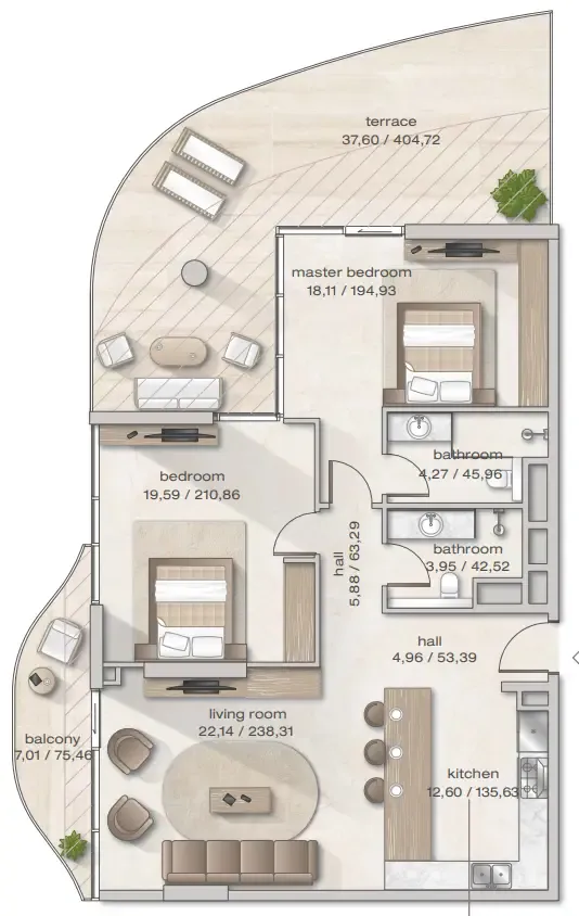 Zephyra Residences 2 bed floor plan, 1,566 sqft