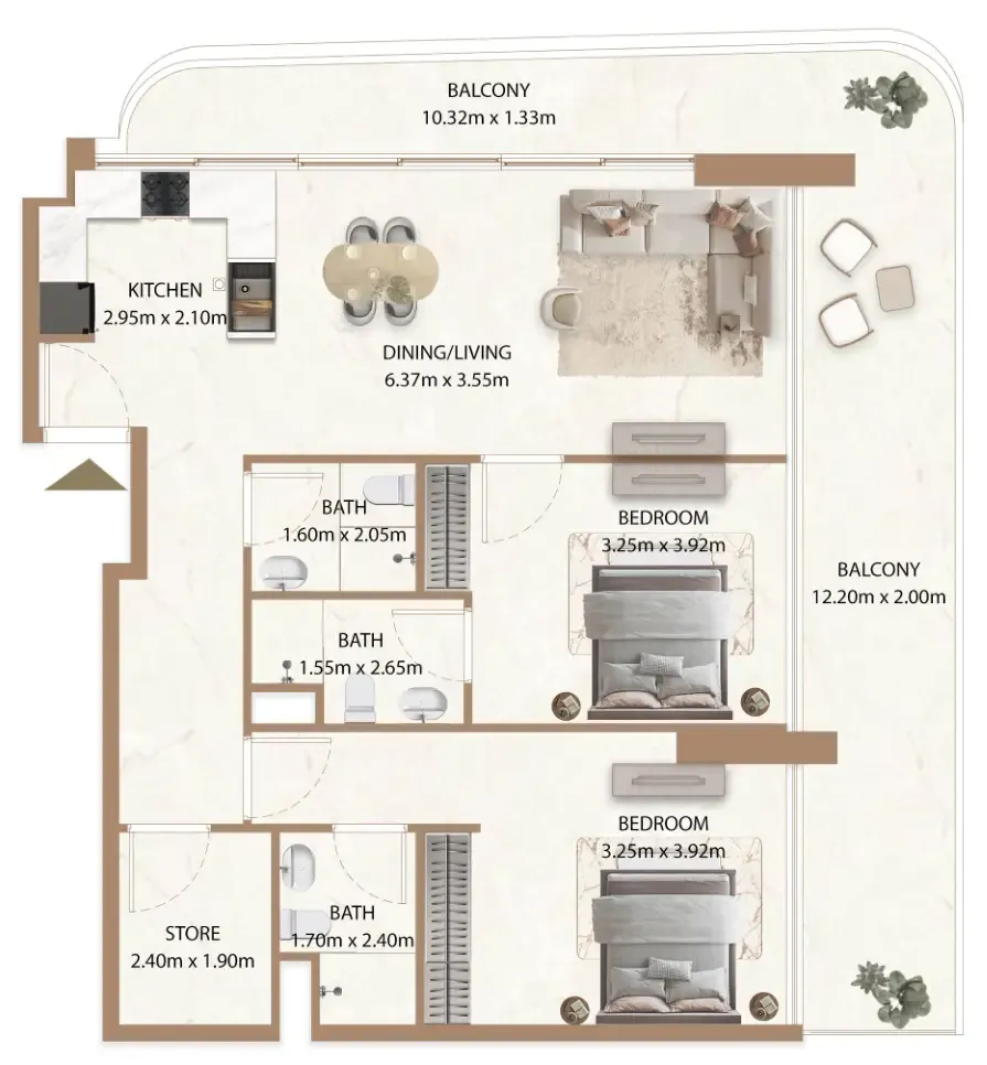Veda by AUM Development 2 bed floor plan, 1,398 sqft