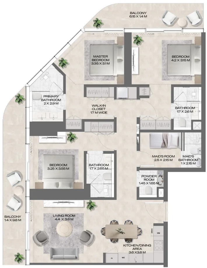 DWTN Residences 3 bed floor plan, 1,641 sqft