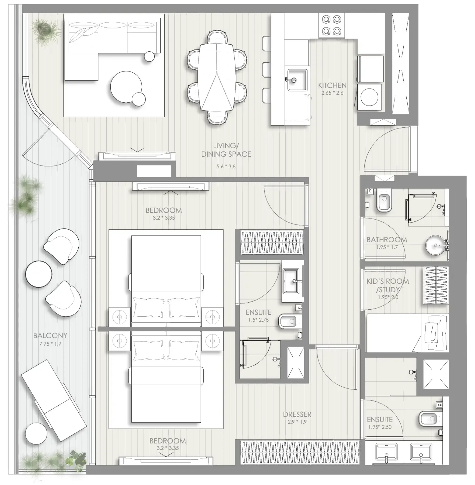 Sol Luxe 2 bed floor plan, 1,103 sqft