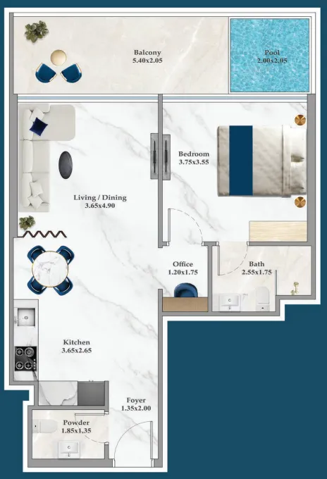 Timez 1 bed floor plan, 721 – 722 sqft