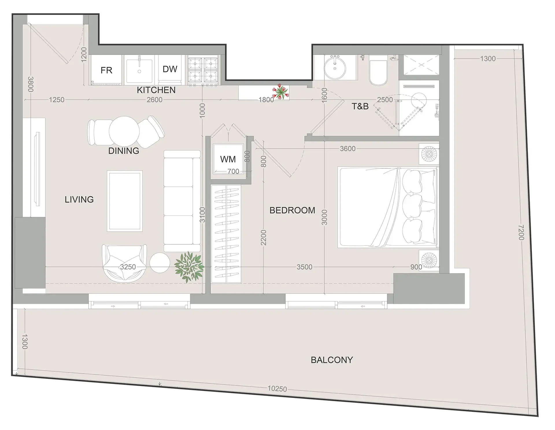 SKY LEVEL 1 1 bed floor plan, 732 sqft