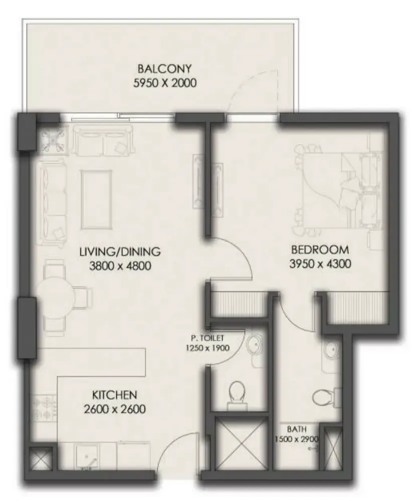 Park Residency 1 bed floor plan, 716 sqft