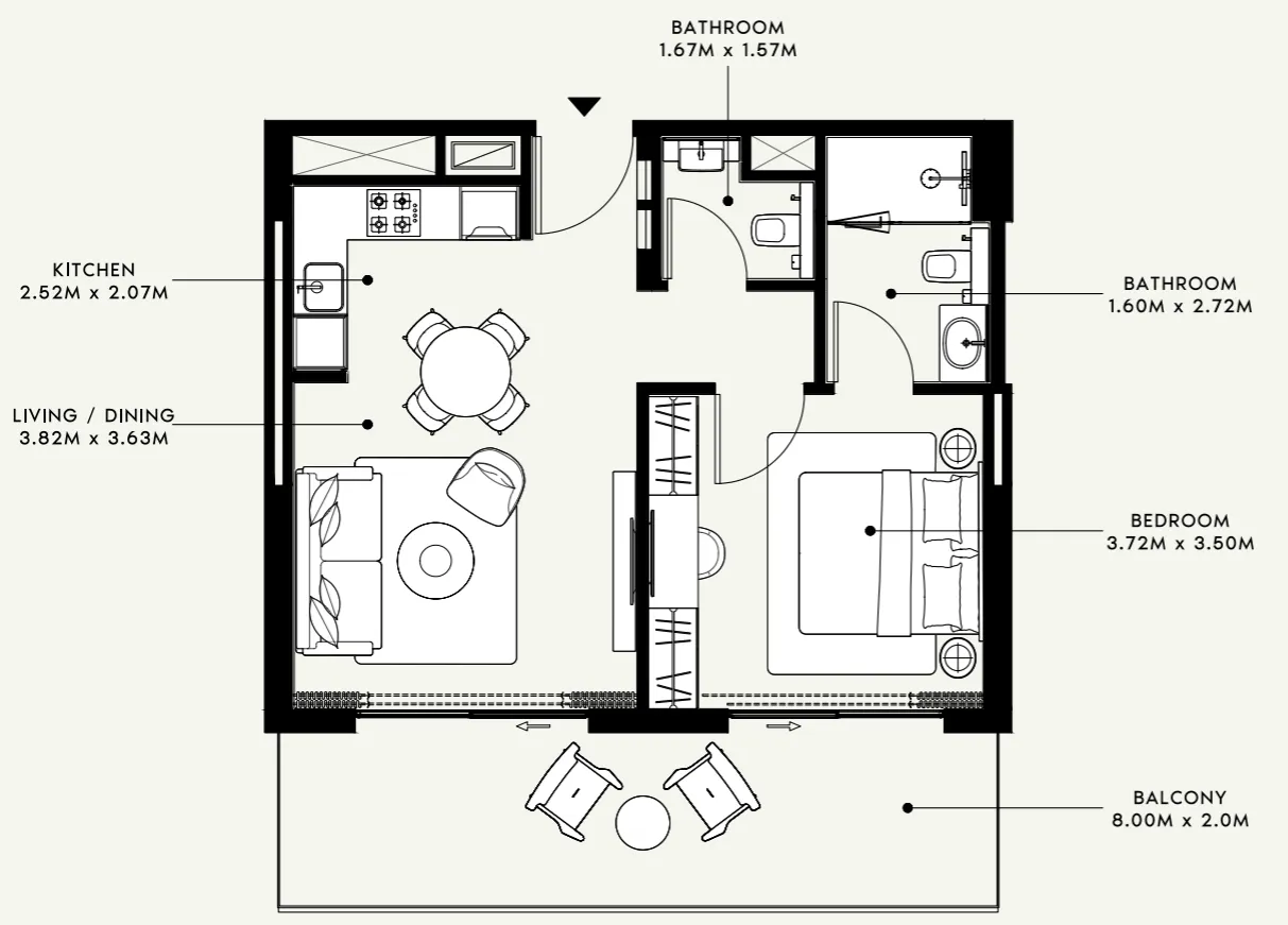 Azizi Venice 1 bed floor plan, 724 sqft