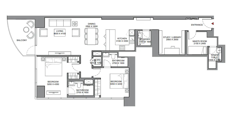 Skyscape 2 bed floor plan, 1,515 sqft