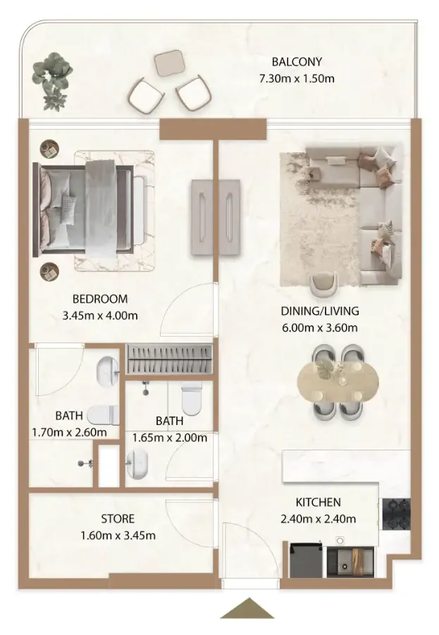 Veda by AUM Development 1 bed floor plan, 825 sqft