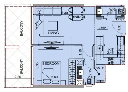 Binghatti Cullinan 1 bed floor plan, 730 sqft