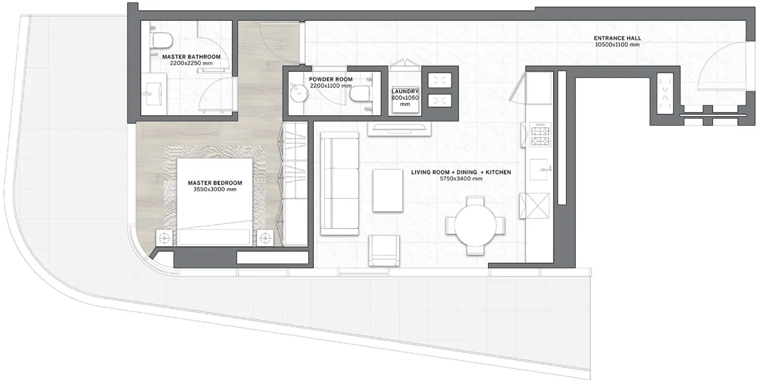 DG1 Living 1 bed floor plan, 1,051 – 1,126 sqft