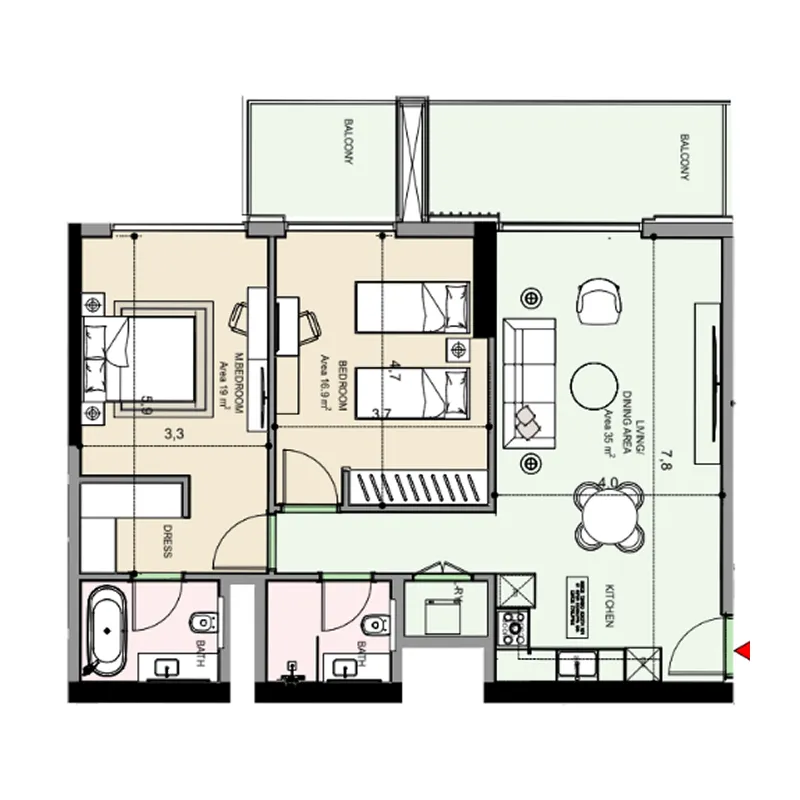 Edgewater Residences 1, 2 and 3 2 bed floor plan, 1,176 sqft