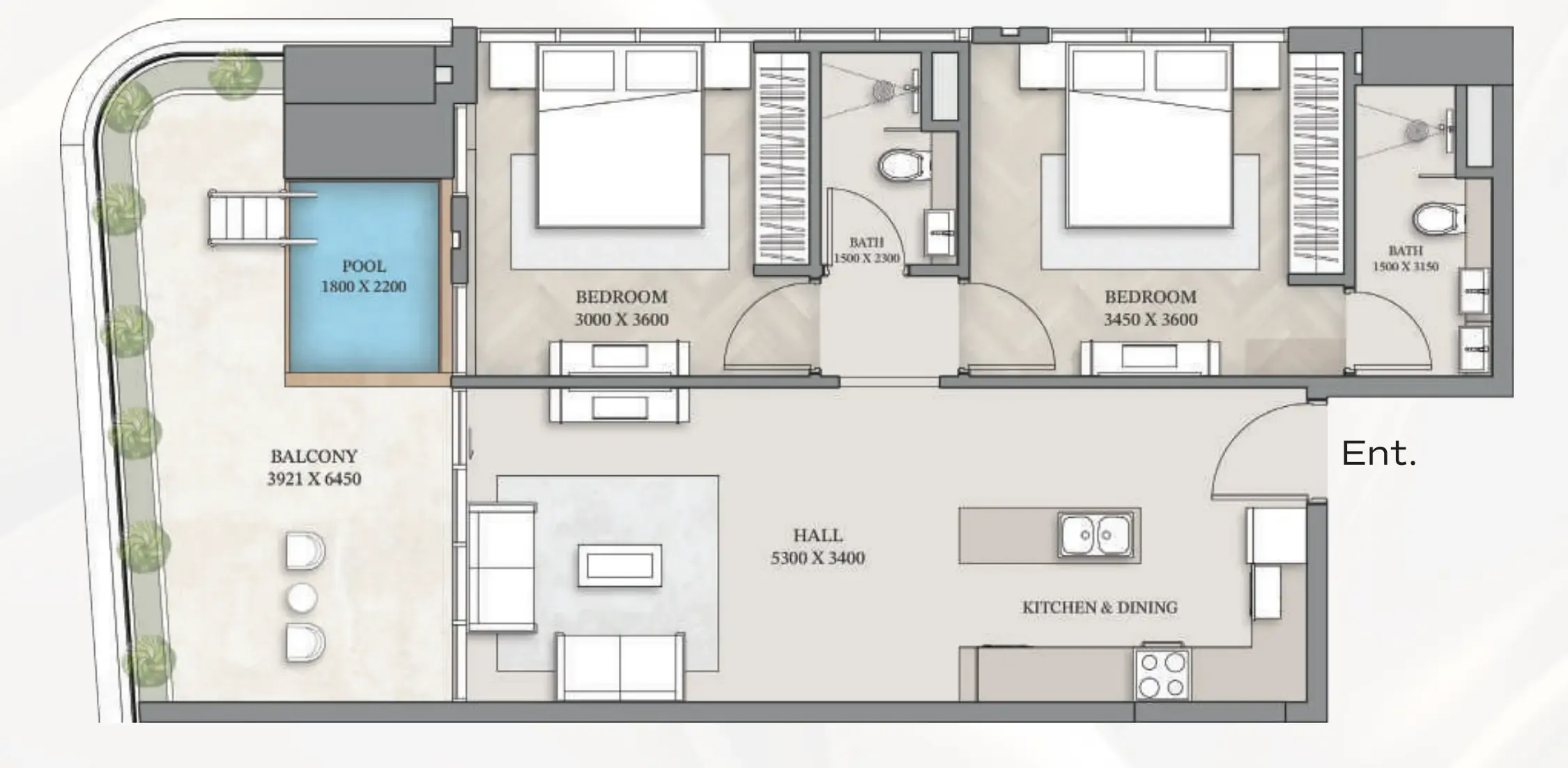Empire Gardens 2 bed floor plan, 1,068 sqft