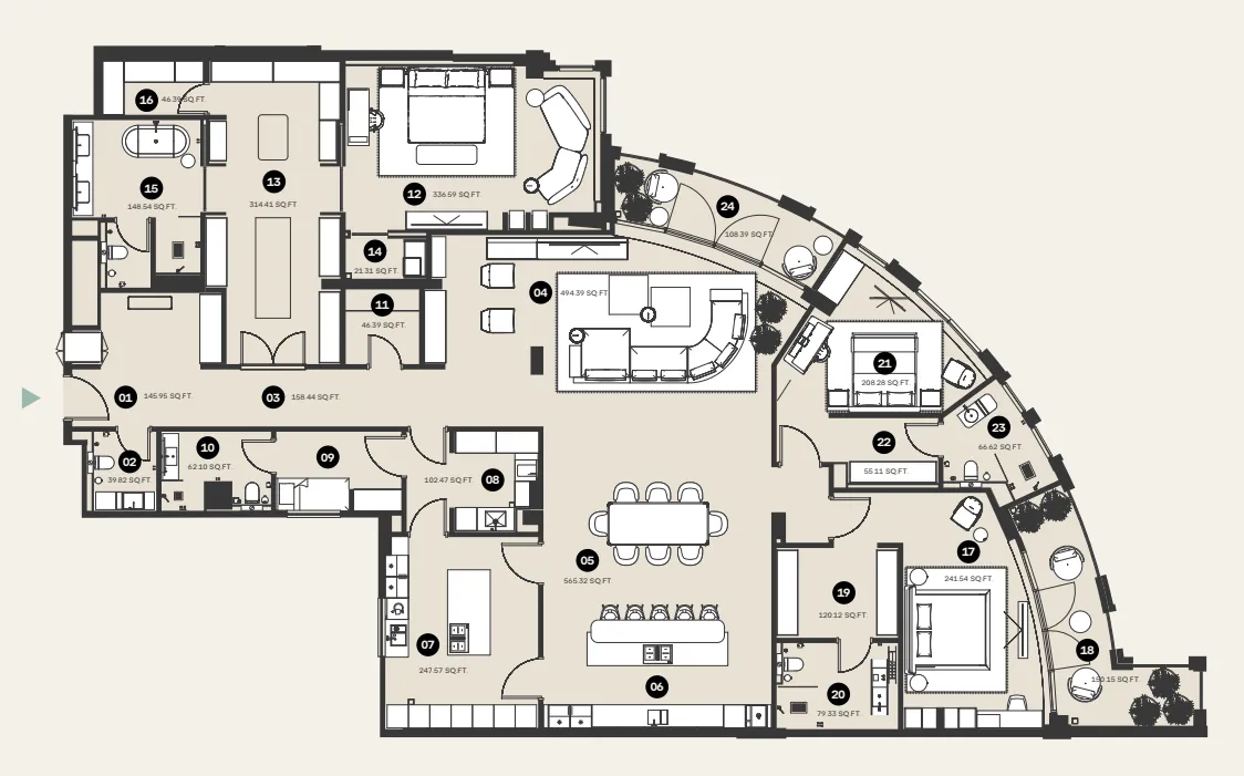 Waldorf Astoria Residences 3 bed floor plan, 4,324 sqft