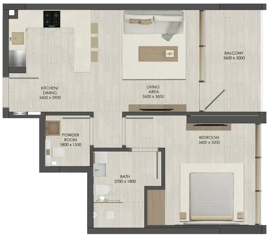 JAD 288 1 bed floor plan, 669 sqft