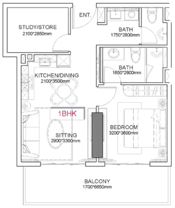 Listone Residence 1 bed floor plan, 687 sqft