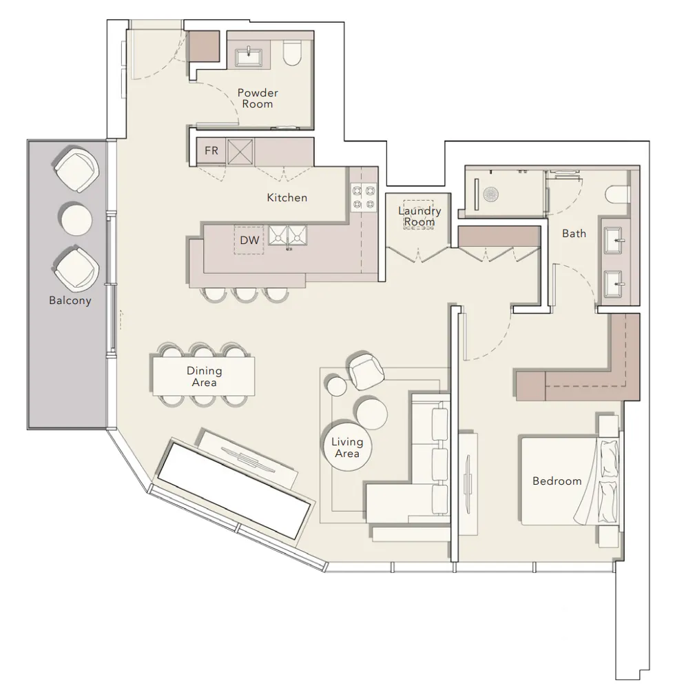 One River Point 1 bed floor plan, 1,198 sqft