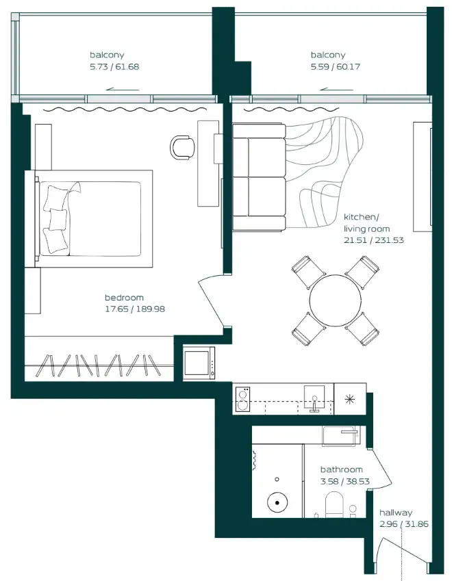 Vibe 1 bed floor plan, 680 sqft