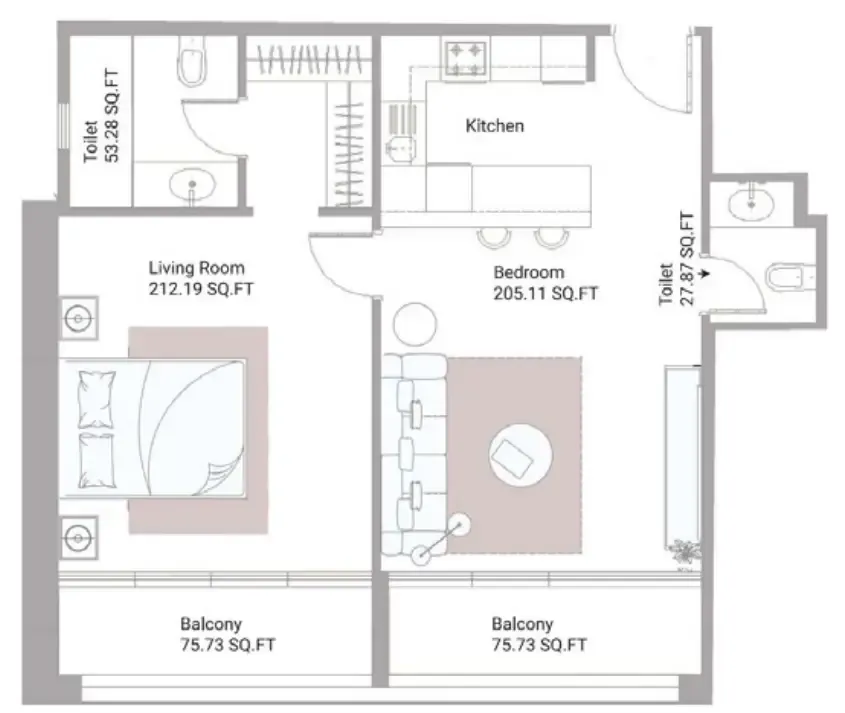 Ajman Creek Towers 1 bed floor plan, 1,093 – 1,115 sqft