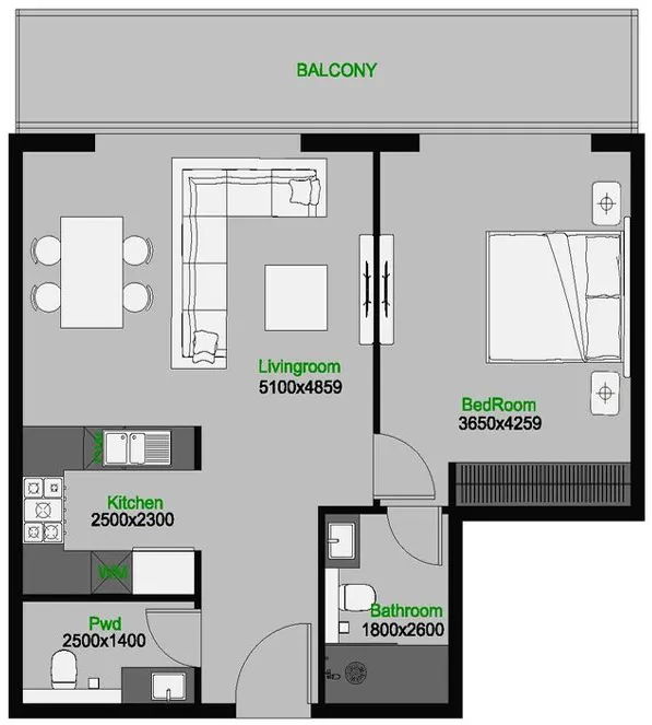 The Central Downtown 1 bed floor plan, 764 – 858 sqft