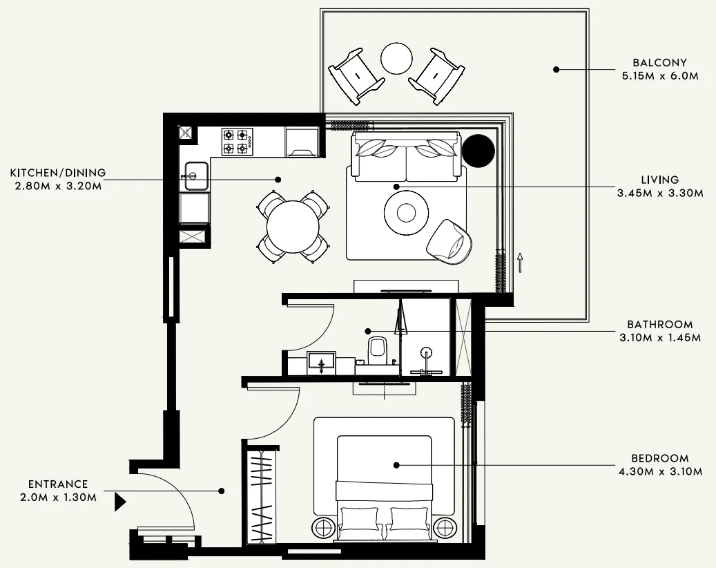 Azizi Venice 1 bed floor plan, 720 sqft