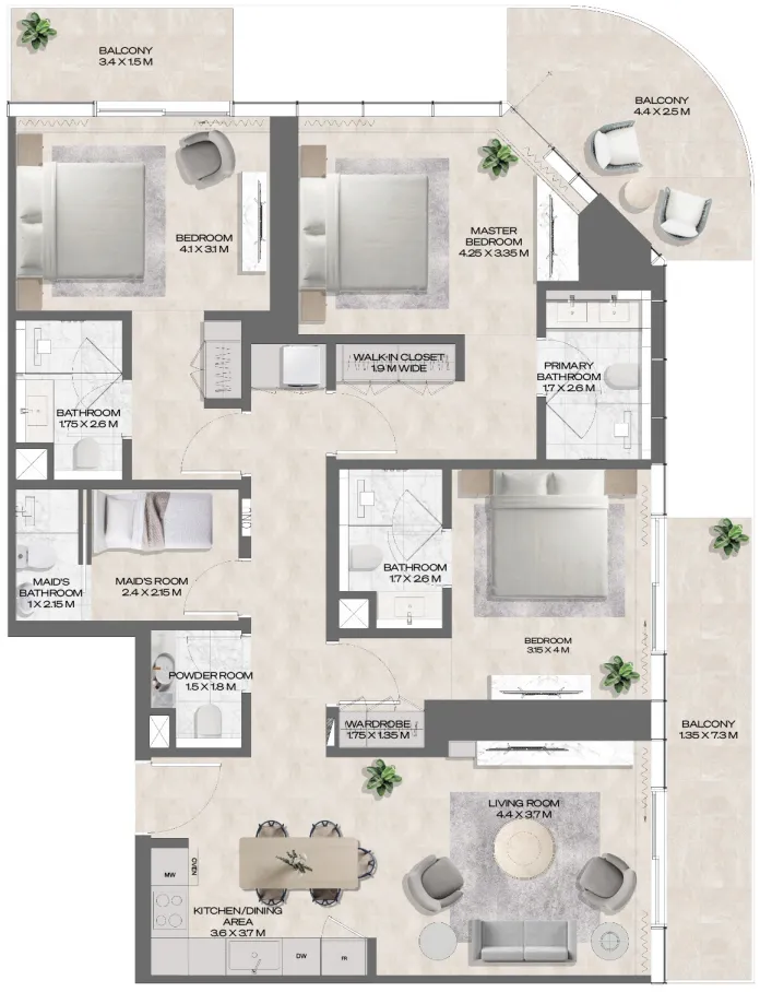 DWTN Residences 3 bed floor plan, 1,681 sqft