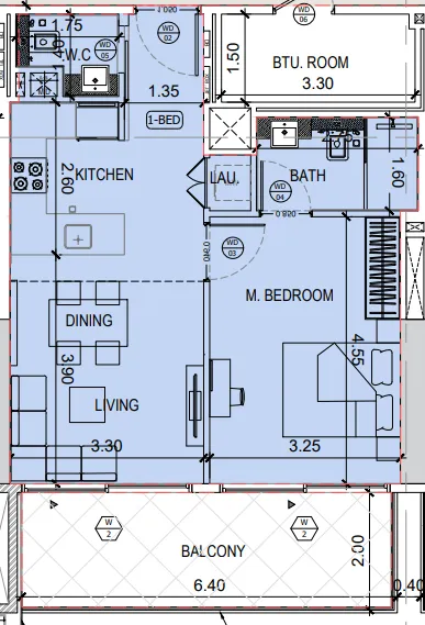 Binghatti Amberhall 1 bed floor plan, 686 sqft