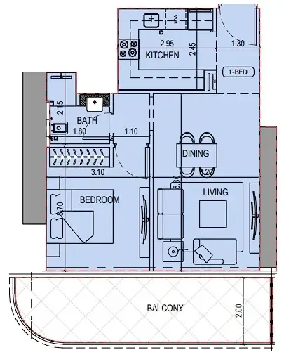 Binghatti Sky Terraces 1 bed floor plan, 705 sqft