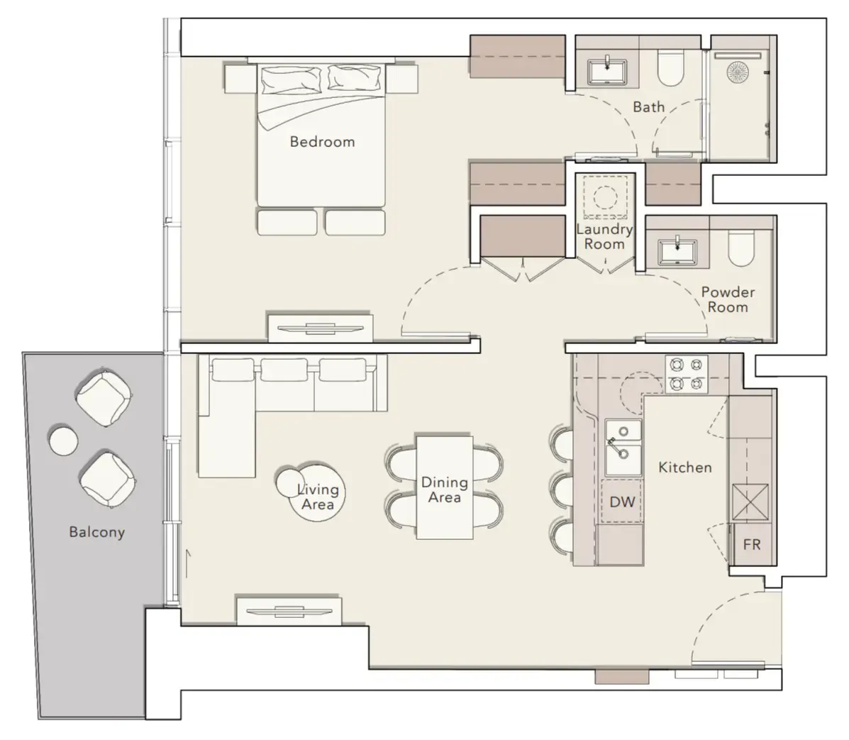 Mercer House 1 bed floor plan, 957 sqft