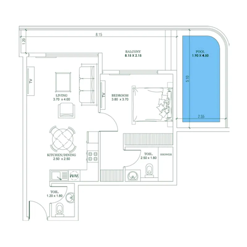 Opalz 1 bed floor plan, 1,021 sqft