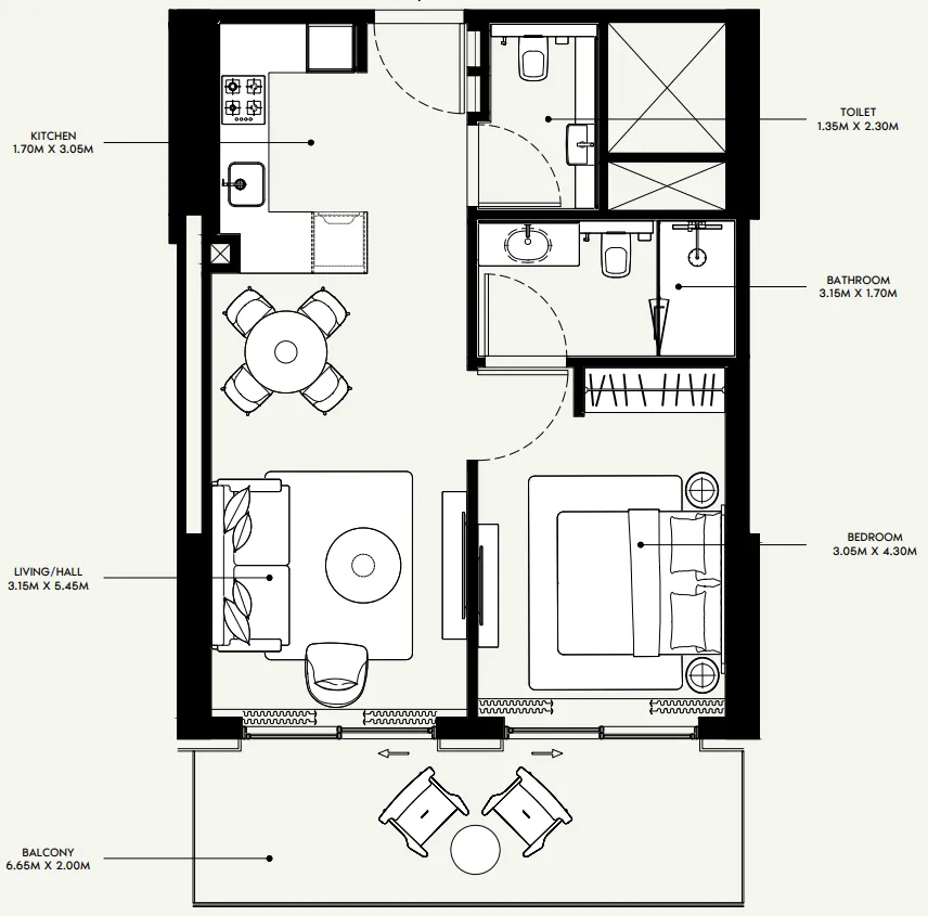 Azizi Venice 1 bed floor plan, 736 sqft