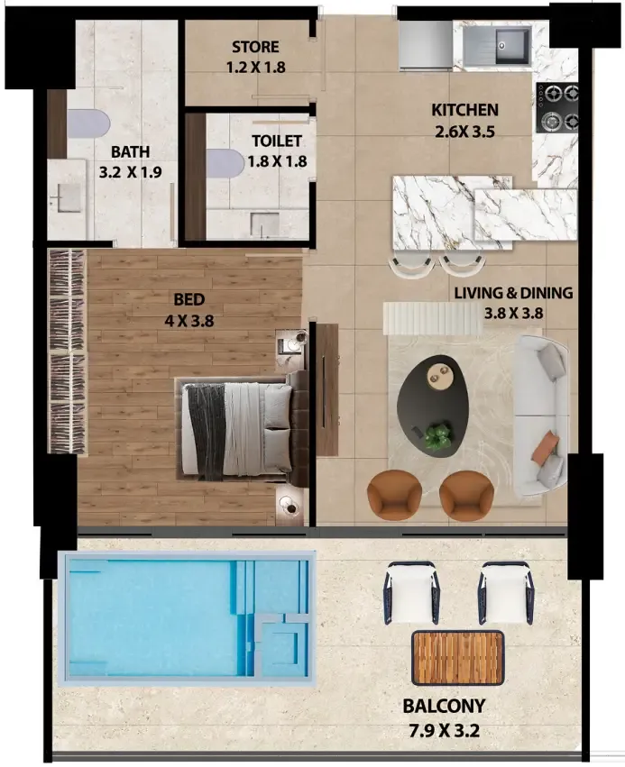 Marquis One 1 bed floor plan, 904 sqft