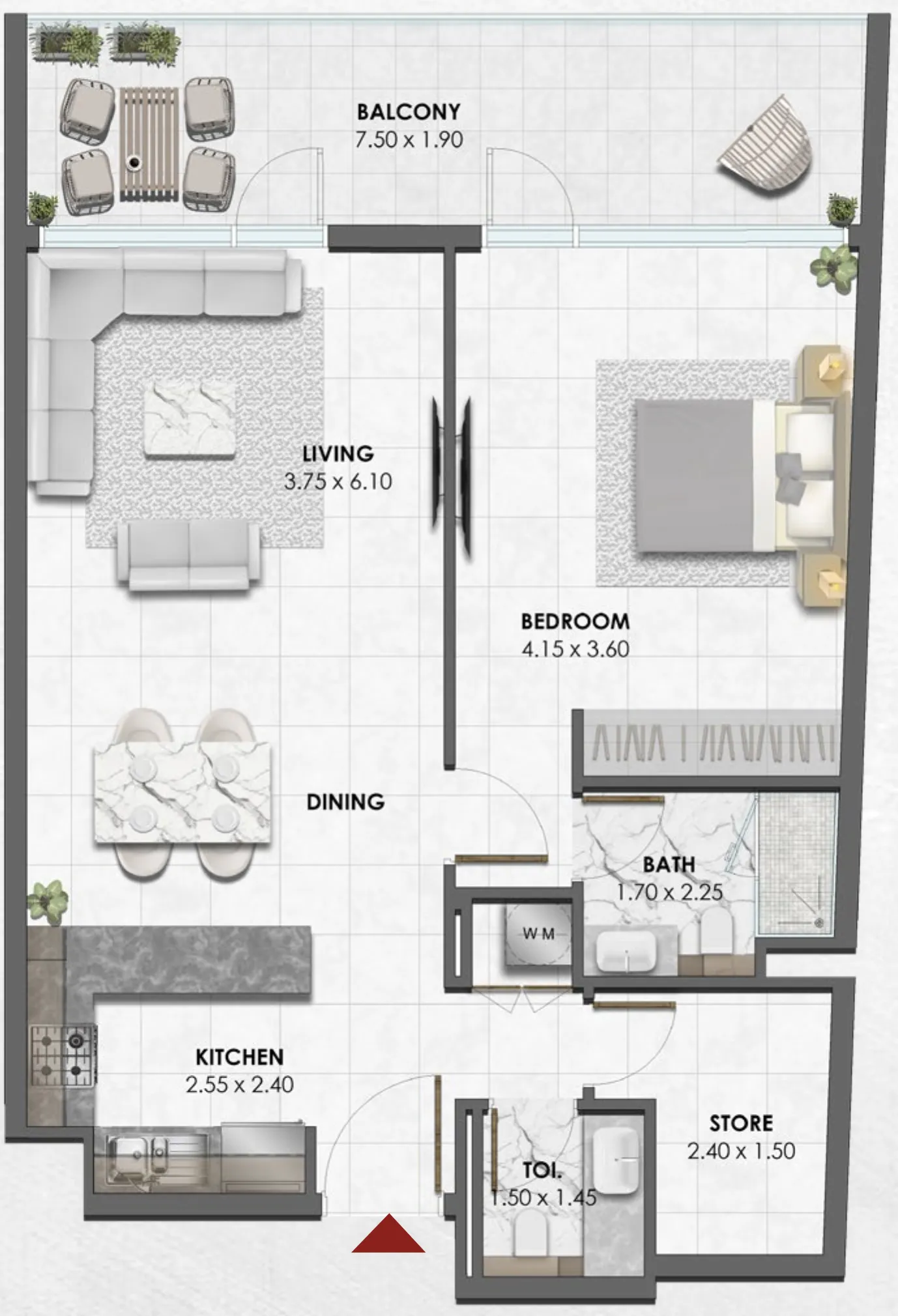 Waref Residences 1 bed floor plan, 882 – 884 sqft