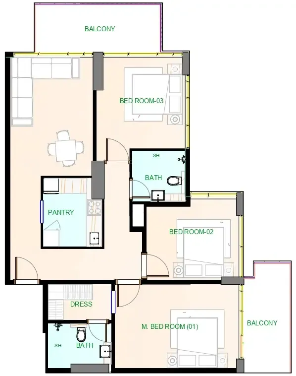 Playa Viva 3 bed floor plan, 1,233 sqft