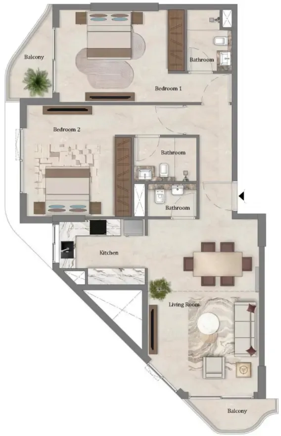 Mirari Lagoon by Zoya 2 bed floor plan, 1,074 sqft