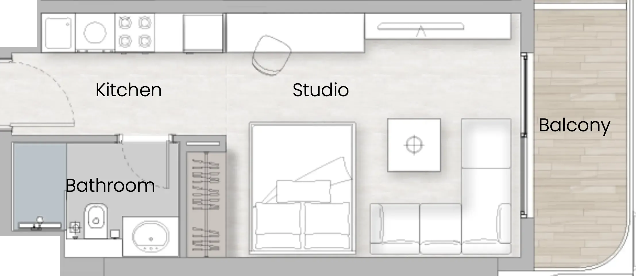 One Beverly Studio floor plan, 391 sqft